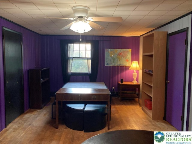 5984 Rte 412, Springfield Twp, PA 18077 - dining space featuring wood finished floors, ceiling fan, and wooden walls