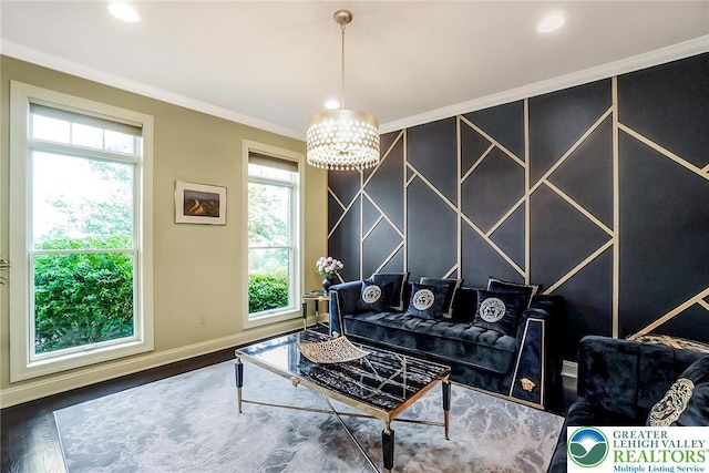4260 W Wyndemere Cir, Lowhill Twp, PA 18078 - living room featuring a chandelier, wood finished floors, ornamental molding, and recessed lighting