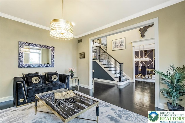 4260 W Wyndemere Cir, Lowhill Twp, PA 18078 - living area featuring a chandelier, crown molding, stairway, and wood finished floors