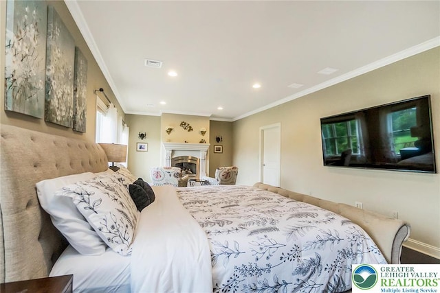 4260 W Wyndemere Cir, Lowhill Twp, PA 18078 - bedroom with crown molding, recessed lighting, and a fireplace