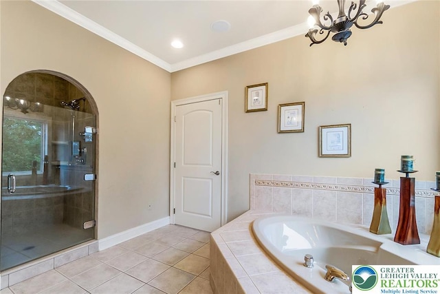 4260 W Wyndemere Cir, Lowhill Twp, PA 18078 - full bathroom featuring a bath, a chandelier, a shower stall, tile patterned flooring, and ornamental molding