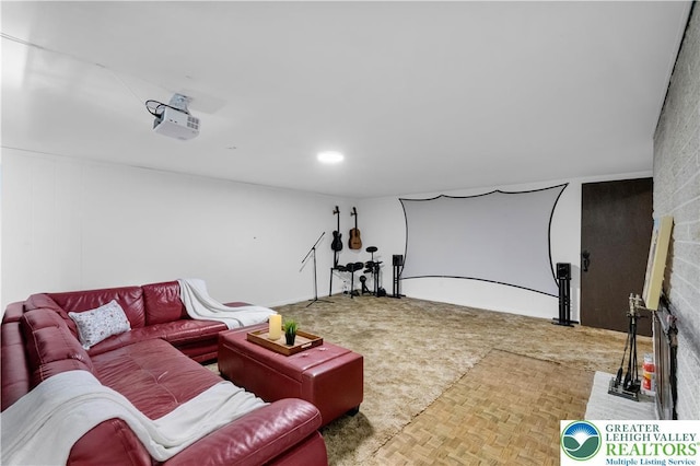 8555 Mohr Ln, Weisenberg Twp, PA 18051 - home theater featuring a brick fireplace