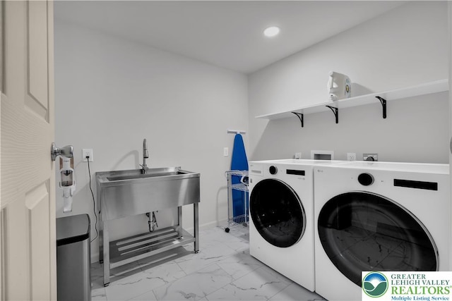 8555 Mohr Ln, Weisenberg Twp, PA 18051 - laundry area with washer and clothes dryer, marble finish flooring, and recessed lighting