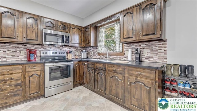5129 3rd St, Whitehall Twp, PA 18052 - kitchen featuring appliances with stainless steel finishes, dark countertops, and backsplash