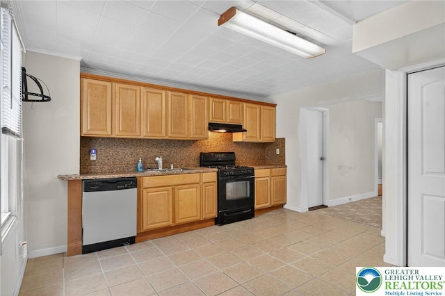 22 N Warren St, Easton, PA 18042 - kitchen with dishwasher, black range with gas cooktop, under cabinet range hood, decorative backsplash, and light stone counters