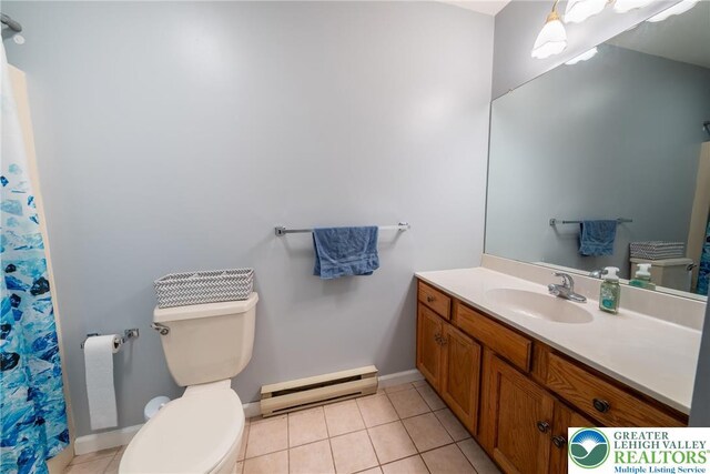 2175 Village Rd, Chestnuthill Twp, PA 18330 - full bath with a baseboard heating unit, vanity, tile patterned flooring, and a shower with shower curtain