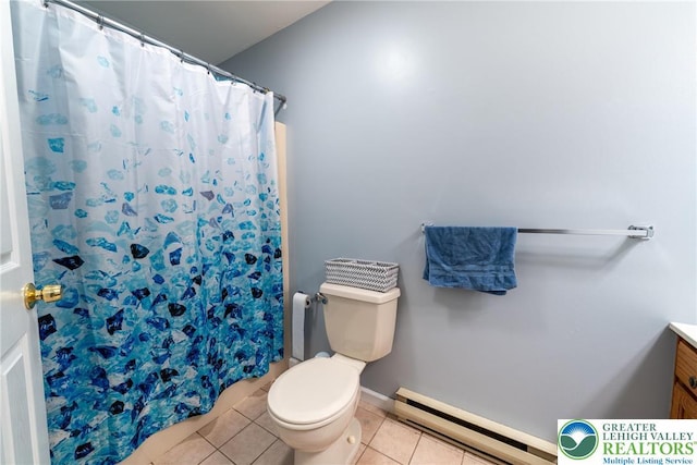 2175 Village Rd, Chestnuthill Twp, PA 18330 - full bathroom featuring a baseboard radiator, vanity, tile patterned flooring, and a shower with shower curtain