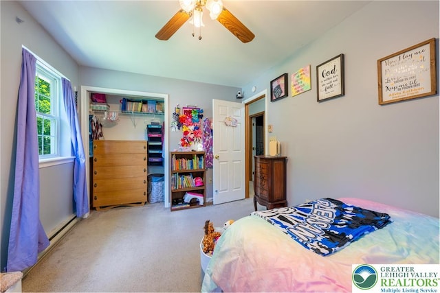 2175 Village Rd, Chestnuthill Twp, PA 18330 - bedroom featuring a closet, carpet flooring, a ceiling fan, and baseboard heating