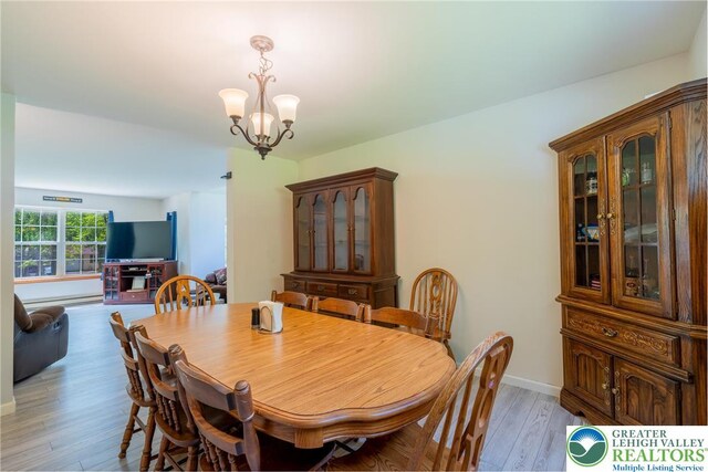 2175 Village Rd, Chestnuthill Twp, PA 18330 - dining area featuring light wood-style floors, a chandelier, and baseboard heating