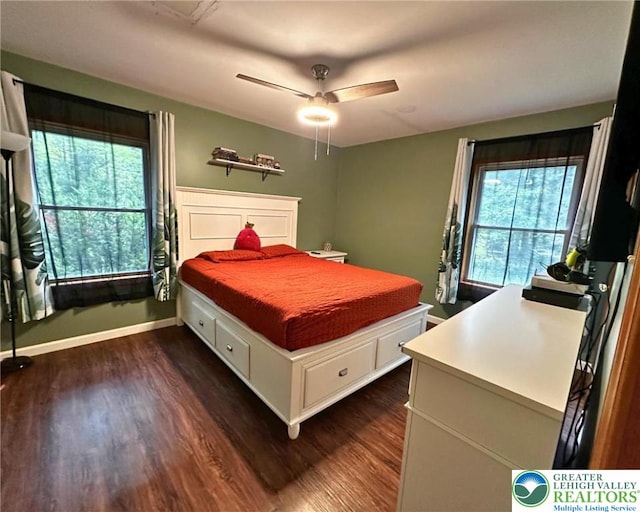 1701 Johns Rd, Chestnuthill Twp, PA 18330 - bedroom featuring multiple windows, dark wood-style floors, and a ceiling fan
