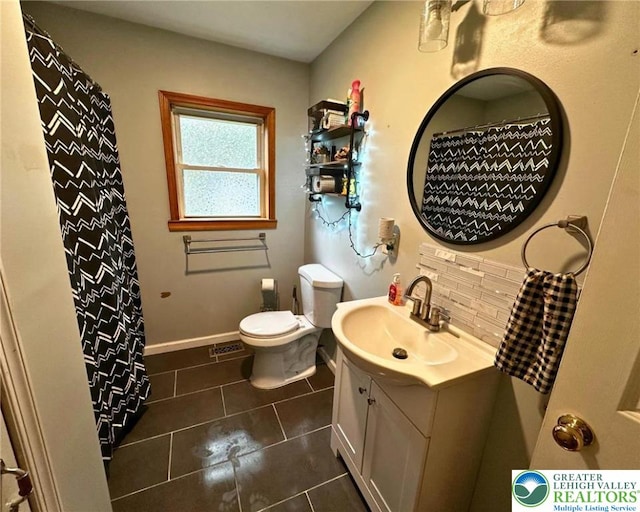 1701 Johns Rd, Chestnuthill Twp, PA 18330 - bathroom with vanity, tile patterned flooring, decorative backsplash, and a shower with curtain