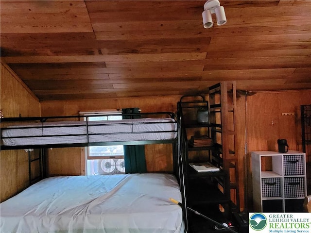 2048 Beaver Run Rd, Tobyhanna Twp, PA 18347 - bedroom featuring wooden ceiling, vaulted ceiling, and wooden walls