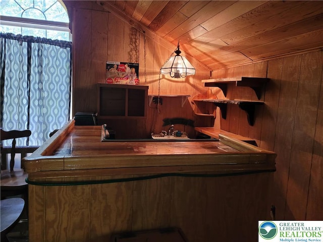 2048 Beaver Run Rd, Tobyhanna Twp, PA 18347 - bar area featuring wooden ceiling, lofted ceiling, and wood walls