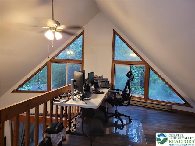 2048 Beaver Run Rd, Tobyhanna Twp, PA 18347 - office with a baseboard radiator, wood finished floors, lofted ceiling, and ceiling fan