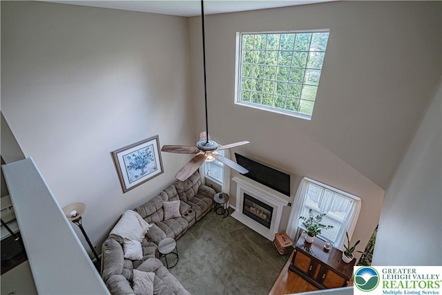 2877 Hope Ridge Dr, Bethlehem Twp, PA 18045 - living area with ceiling fan, healthy amount of natural light, a glass covered fireplace, and carpet floors
