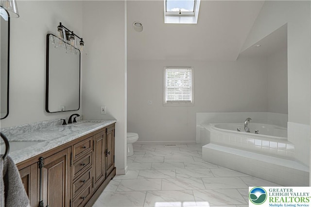 2029 Amherst Dr, Lower Saucon Twp, PA 18015 - full bath featuring marble finish floors, a bath, double vanity, and vaulted ceiling