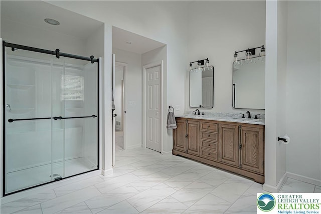 2029 Amherst Dr, Lower Saucon Twp, PA 18015 - full bath with marble finish floors, double vanity, and a stall shower