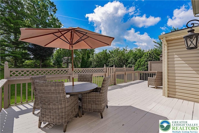 2029 Amherst Dr, Lower Saucon Twp, PA 18015 - wooden deck featuring outdoor dining space and view of scattered trees