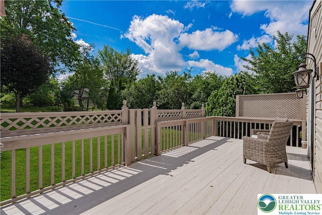 2029 Amherst Dr, Lower Saucon Twp, PA 18015 - wooden deck featuring a yard and view of wooded area
