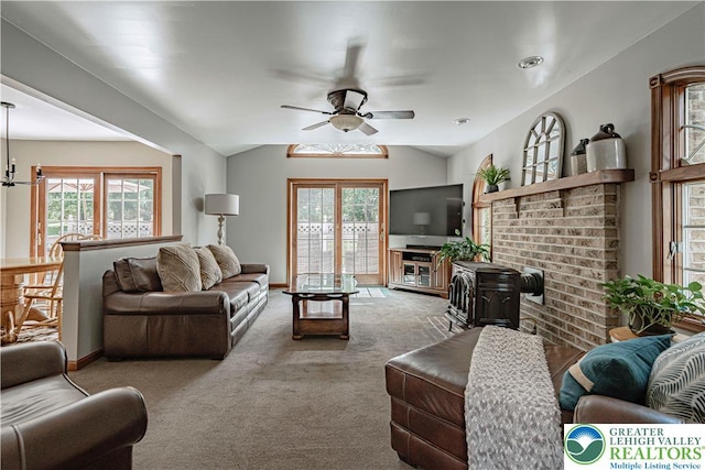 2029 Amherst Dr, Lower Saucon Twp, PA 18015 - living area with a ceiling fan, carpet flooring, plenty of natural light, and a brick fireplace