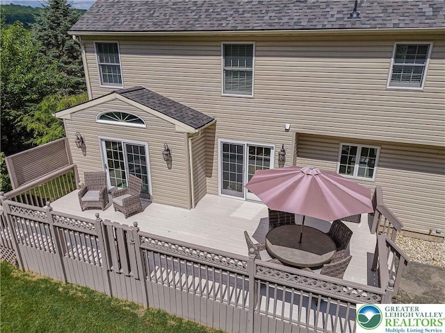 2029 Amherst Dr, Lower Saucon Twp, PA 18015 - rear view of property with a wooden deck and roof with shingles