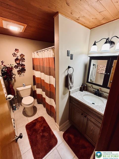2734 Old Bethlehem Pike, Milford Twp, PA 18951 - full bathroom with wood ceiling, tile patterned flooring, vanity, and a shower with shower curtain
