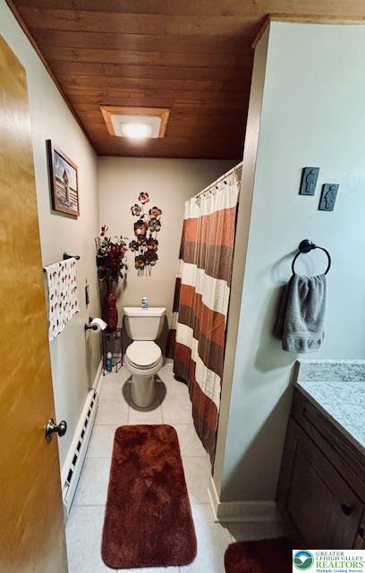 2734 Old Bethlehem Pike, Milford Twp, PA 18951 - bathroom featuring a baseboard radiator, wood ceiling, vanity, tile patterned flooring, and a shower with shower curtain