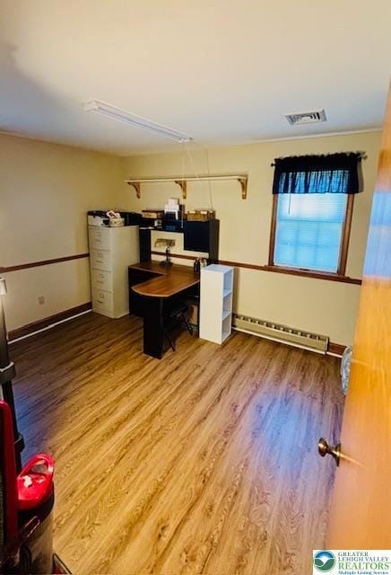 2734 Old Bethlehem Pike, Milford Twp, PA 18951 - home office featuring a baseboard radiator, wood finished floors, and attic access