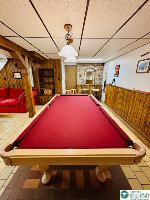 2734 Old Bethlehem Pike, Milford Twp, PA 18951 - game room featuring wooden walls, a drop ceiling, and billiards