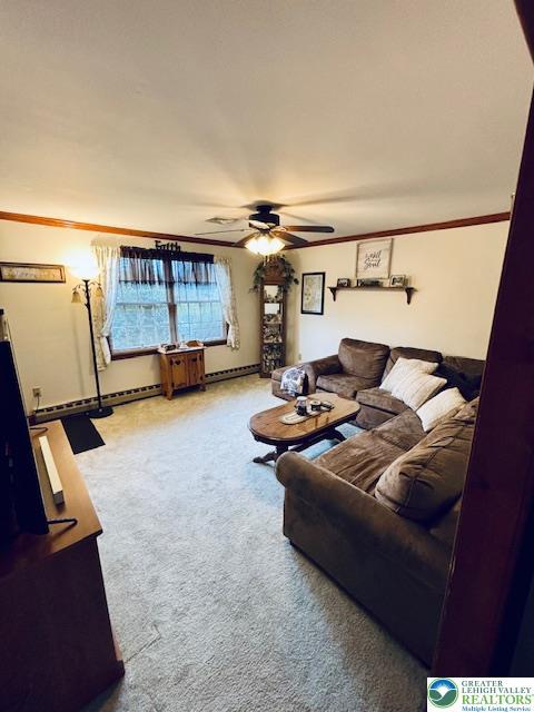 2734 Old Bethlehem Pike, Milford Twp, PA 18951 - living room with a ceiling fan, a baseboard radiator, a baseboard heating unit, carpet, and ornamental molding