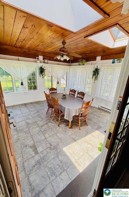 2734 Old Bethlehem Pike, Milford Twp, PA 18951 - sunroom / solarium featuring wooden ceiling, ceiling fan, outdoor dining area, a skylight, and a baseboard radiator