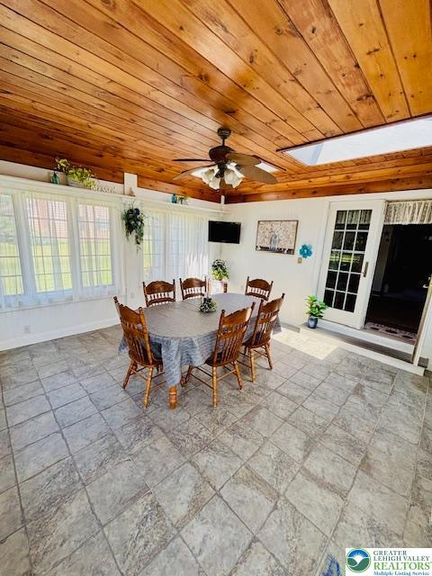 2734 Old Bethlehem Pike, Milford Twp, PA 18951 - dining space featuring wood ceiling, ceiling fan, and stone finish flooring