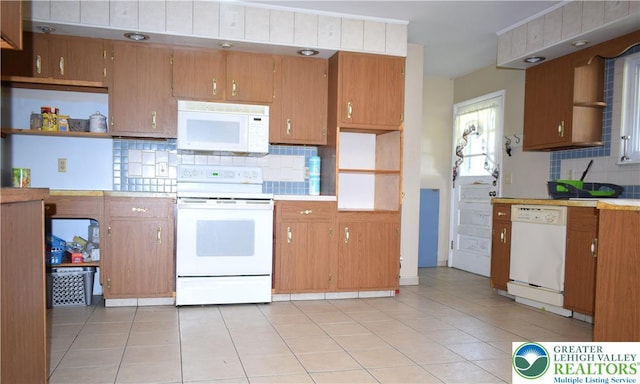 2841 Willow St, North Whitehall Twp, PA 18037 - kitchen featuring white appliances, open shelves, decorative backsplash, and light countertops