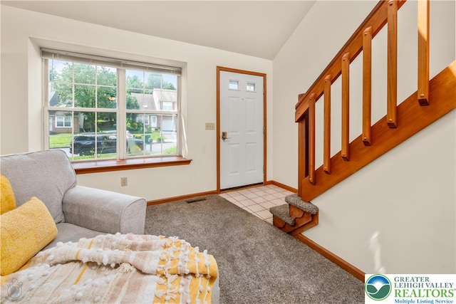 2721 Victoria Ln, Easton, PA 18045 - carpeted entryway with vaulted ceiling and tile patterned flooring