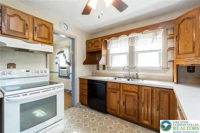 457 E Lawn Rd, Upper Nazareth Twp, PA 18064 - kitchen with white electric range oven, dishwasher, under cabinet range hood, open shelves, and brown cabinets