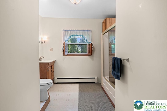 242 Schoeneck Ave, Nazareth Boro, PA 18064 - full bath featuring baseboard heating, vanity, a shower with shower door, and tile patterned floors