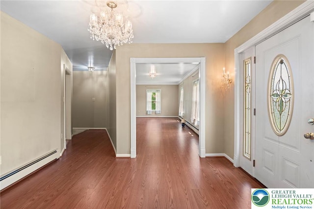242 Schoeneck Ave, Nazareth Boro, PA 18064 - entrance foyer with baseboard heating, wood finished floors, and a chandelier