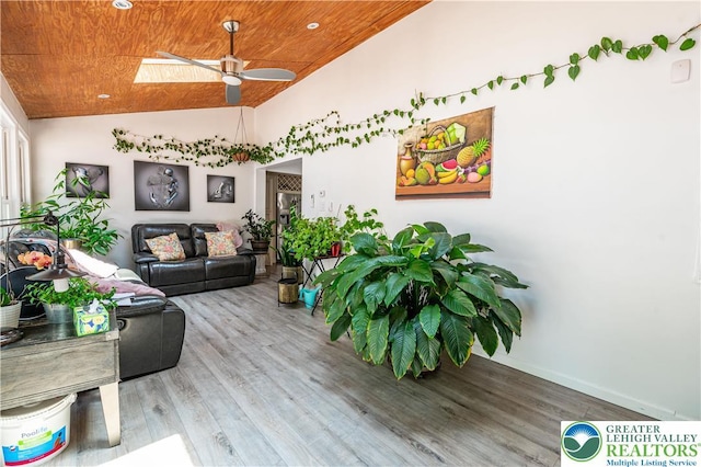 1555 Longleaf Dr, Chestnuthill Twp, PA 18330 - living room with ceiling fan, vaulted ceiling, wood finished floors, wooden ceiling, and recessed lighting