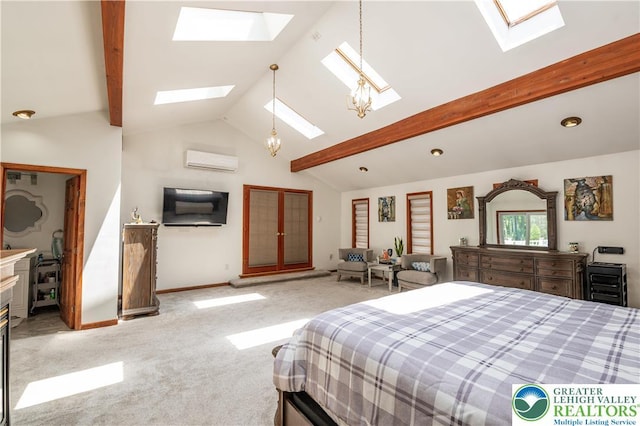 1555 Longleaf Dr, Chestnuthill Twp, PA 18330 - bedroom featuring a skylight, a wall unit AC, light carpet, beamed ceiling, and high vaulted ceiling
