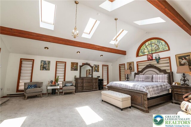 1555 Longleaf Dr, Chestnuthill Twp, PA 18330 - bedroom featuring a skylight, carpet floors, high vaulted ceiling, and beamed ceiling
