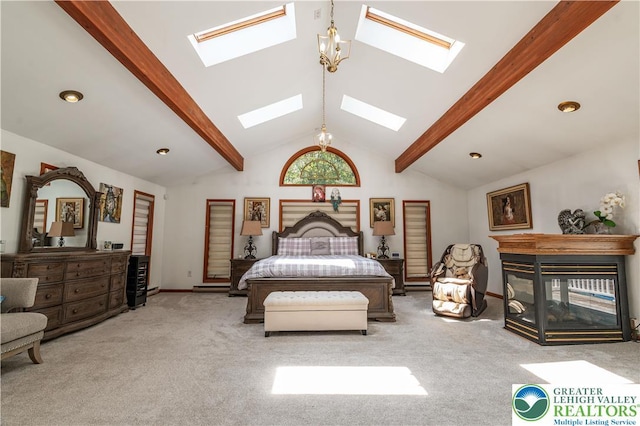 1555 Longleaf Dr, Chestnuthill Twp, PA 18330 - carpeted bedroom featuring a skylight and a multi sided fireplace