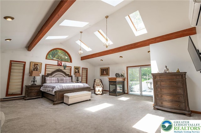1555 Longleaf Dr, Chestnuthill Twp, PA 18330 - bedroom featuring a skylight, access to exterior, carpet flooring, and a wall mounted air conditioner