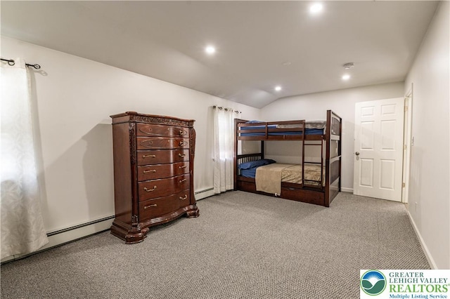 1555 Longleaf Dr, Chestnuthill Twp, PA 18330 - carpeted bedroom featuring a baseboard heating unit, lofted ceiling, and recessed lighting