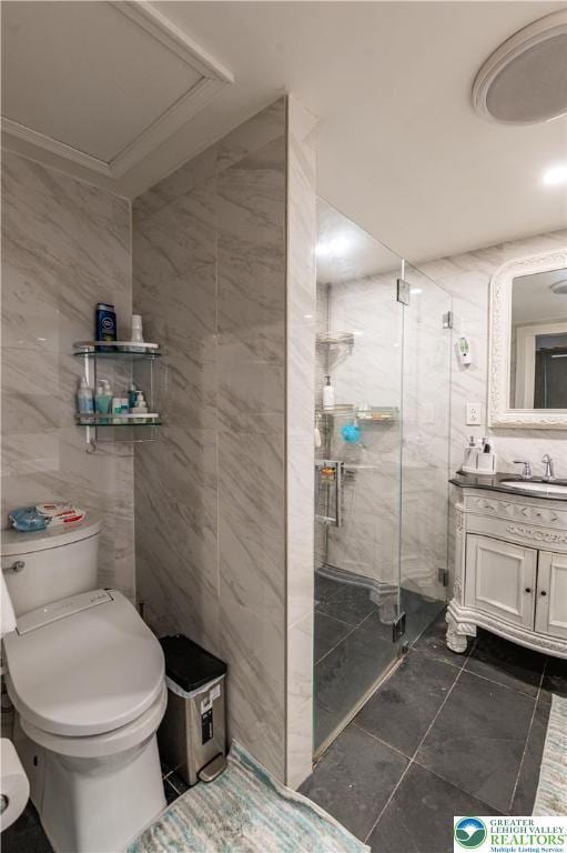 1555 Longleaf Dr, Chestnuthill Twp, PA 18330 - full bathroom with tile walls, a marble finish shower, vanity, and marble finish flooring