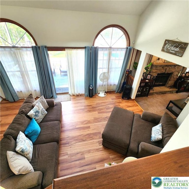 408 Sassafrass Way, Jackson Twp, PA 18360 - living area featuring wood finished floors and a fireplace