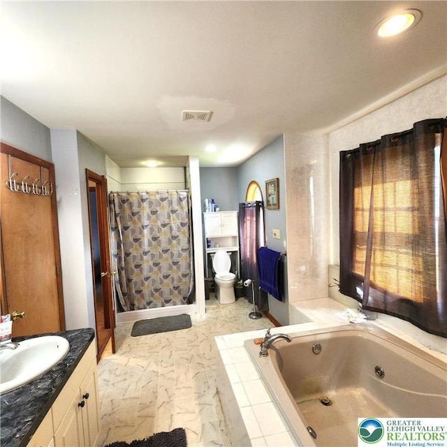 408 Sassafrass Way, Jackson Twp, PA 18360 - full bathroom with a jetted tub, marble finish flooring, vanity, a shower with curtain, and recessed lighting