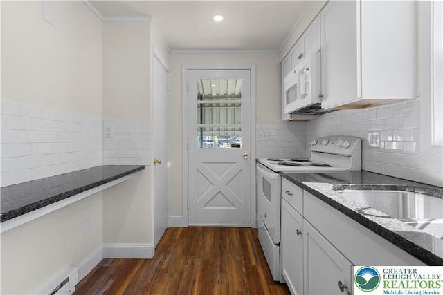 35 N 3rd St, Bangor Boro, PA 18013 - kitchen with white appliances, white cabinetry, dark stone counters, dark wood-style floors, and a baseboard heating unit