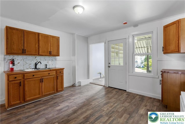 35 N 3rd St, Bangor Boro, PA 18013 - kitchen with brown cabinets, dark wood-style floors, decorative backsplash, and light countertops