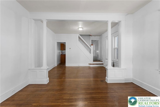 35 N 3rd St, Bangor Boro, PA 18013 - spare room featuring hardwood / wood-style flooring, stairs, and decorative columns