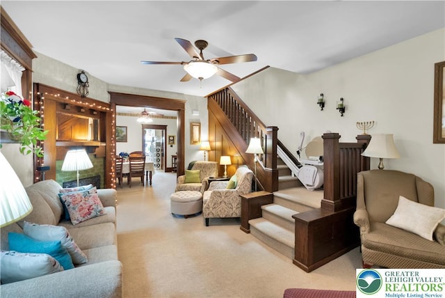 14 S 14th St, Easton, PA 18042 - living room featuring stairs, a ceiling fan, and carpet floors